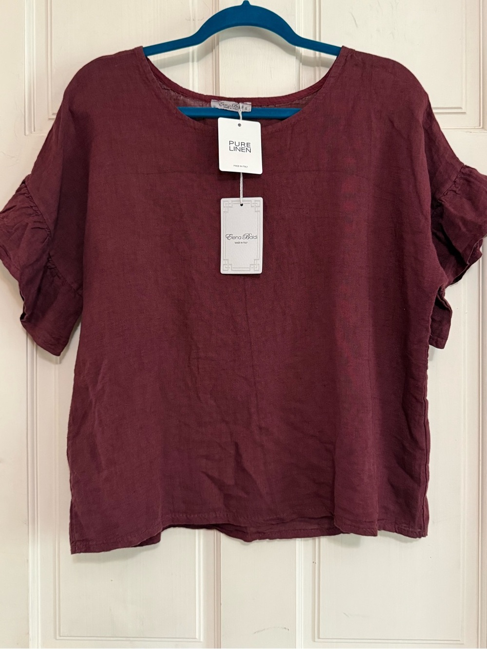 Italian Pure Linen Short-Sleeve Women's Top with Ruffle Sleeves in Burgundy